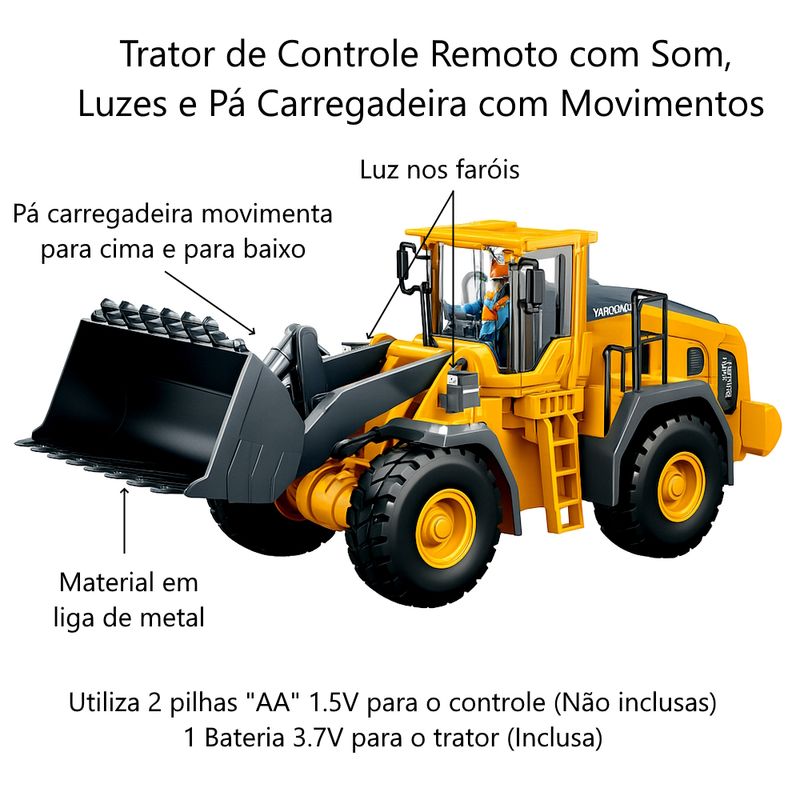 Trator Metal Pá Carregadeira Som Luz Movimentos Controle Remoto 9 Canais Recarregável